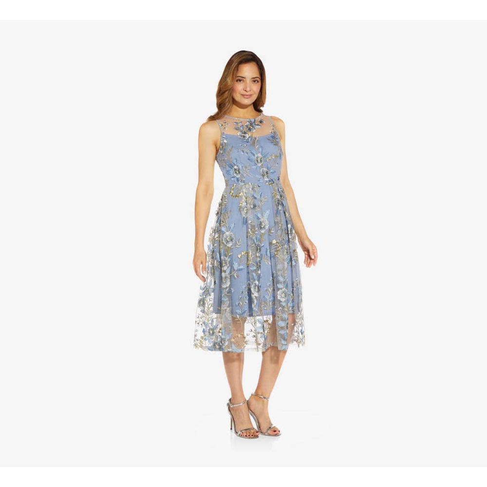 Adrianna Papell Midi Dress Floral Embroidered Fit and Flare In Blue Multi Sz 8